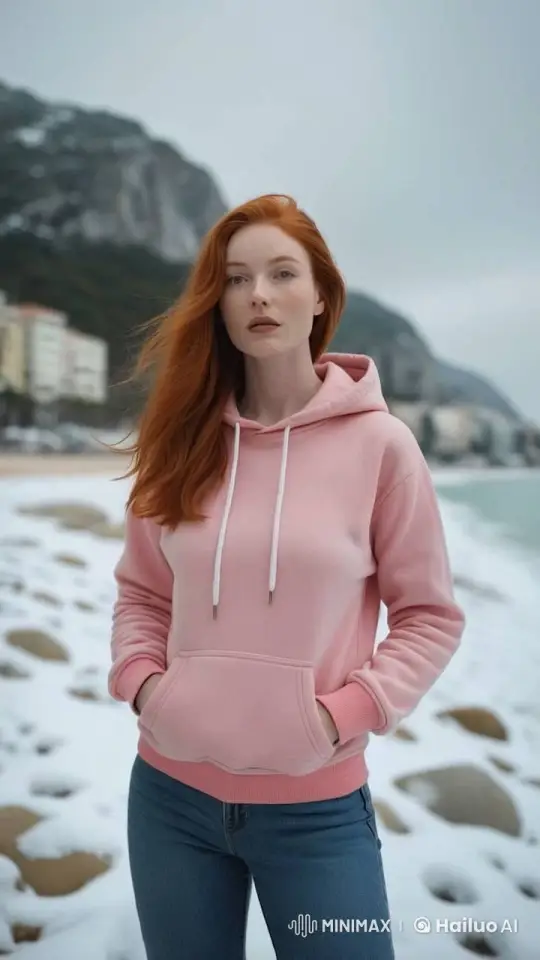 Woman Struts Gracefully on Snowy Beach Amid Winter Scenery – AI Generated Video | Hailuo AI