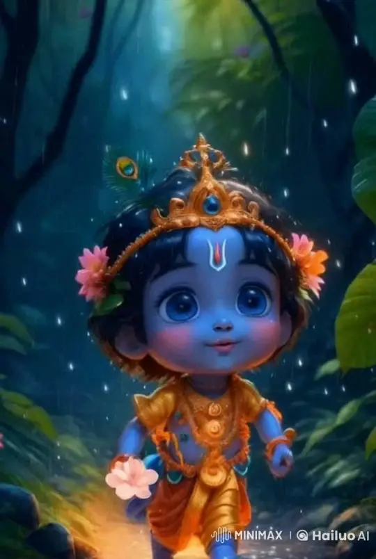 Enchanted Forest: Blue Child with Flower Amidst Gentle Rain – AI Generated Video | Hailuo AI