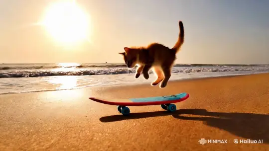 Kitten Skates on Mini Surfboard at Beach – AI Generated Video | Hailuo AI