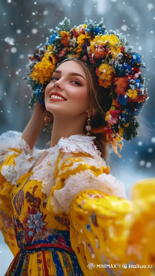 Joyful Woman Spins in Snow, Floral Wreath Secure – AI Generated Video | Hailuo AI