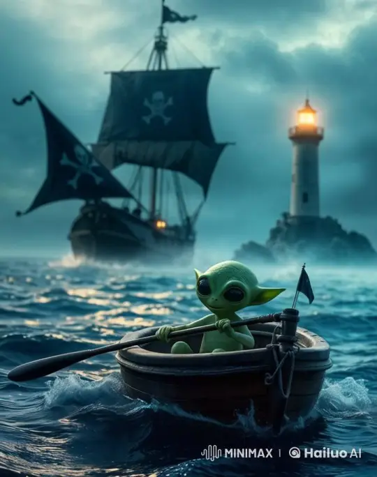 Alien Rows Past Pirate Ship Under Lighthouse Glow – AI Generated Video | Hailuo AI