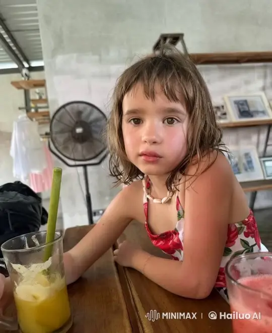 Young Girl Reflecting with Drinks on Wooden Table – AI Generated Video | Hailuo AI