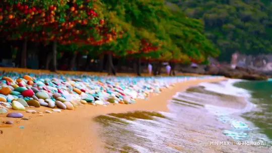 Glowing Stones and Fruit Trees on Enchanted Beach – AI Generated Video | Hailuo AI