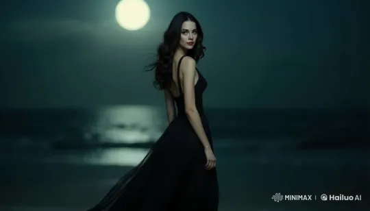 Enchanted Woman in Moonlit Night at the Beach – AI Generated Video | Hailuo AI