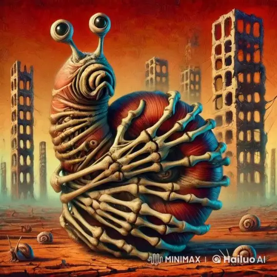 Giant Bone-Clad Snail in Apocalyptic Landscape – AI Generated Video | Hailuo AI