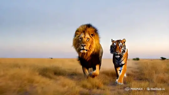 Majestic Lions and Tigers Sprint in Cinematic Glory – AI Generated Video | Hailuo AI