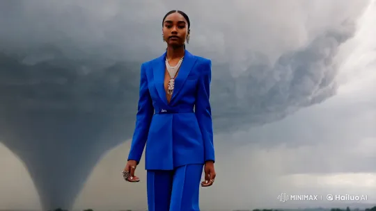 Woman in Blue Suit Showcases Jewelry Amidst Tornado Drama – AI Generated Video | Hailuo AI