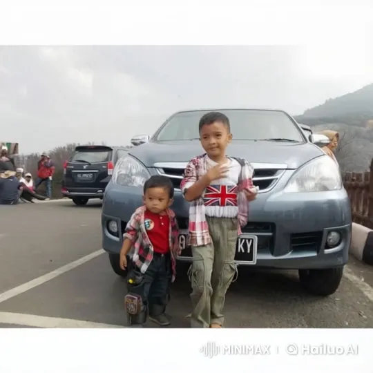 Young Brothers' Joyful Interaction by Blue Car – AI Generated Video | Hailuo AI