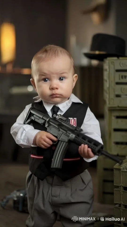 Baby Role-Plays with Toy Gun in Formal Outfit – AI Generated Video | Hailuo AI