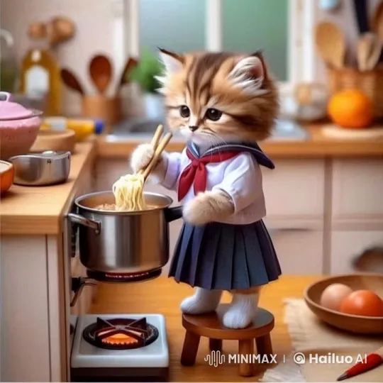 Kitten Cooks Noodles in Cozy Kitchen Uniform – AI Generated Video | Hailuo AI