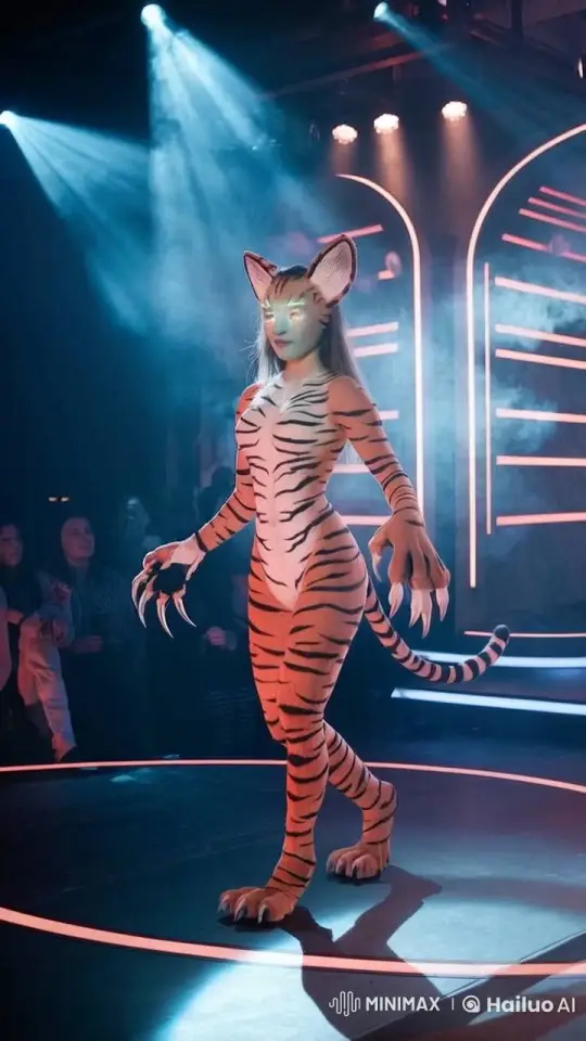 Hybrid Creature: Woman-Tiger Fusion on Futuristic Stage – AI Generated Video | Hailuo AI
