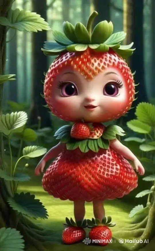Animated Strawberry Dances Joyfully in Lush Forest – AI Generated Video | Hailuo AI