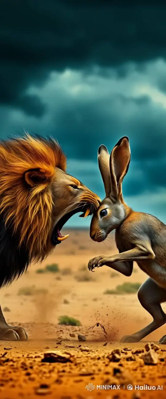 Lion and Rabbit Face Off in Desert Storm – AI Generated Video | Hailuo AI