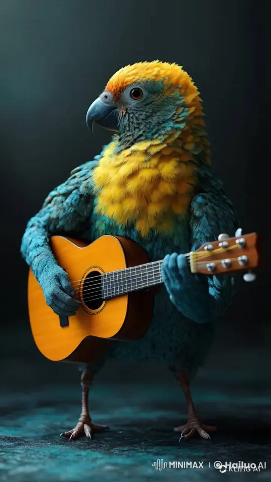 Colorful Parrot Serenades on Acoustic Guitar – AI Generated Video | Hailuo AI