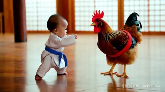 Baby and Chicken Duel in Artistic Martial Arts Scene – AI Generated Video | Hailuo AI