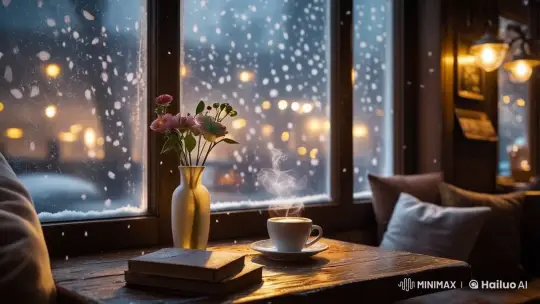 Cozy Café Night with Snowfall and Coffee – AI Generated Video | Hailuo AI