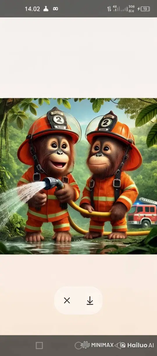 Orangutans in Firefighter Gear Play in Jungle Setting – AI Generated Video | Hailuo AI