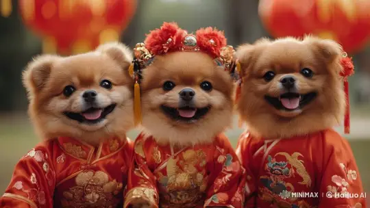 Pomeranian Pups in Festive Attire Celebrate Outdoors – AI Generated Video | Hailuo AI