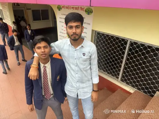 Two Friends Share a Friendly Cheek Kiss Amidst Casual Student Scene – AI Generated Video | Hailuo AI
