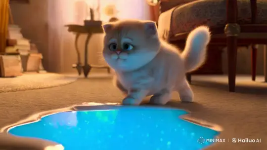 Curious Kitten Explores Mysterious Blue Liquid in Cozy Home – AI Generated Video | Hailuo AI