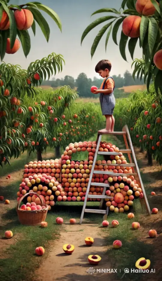 Child Examines Peach Amidst Harvest in Peach Orchard – AI Generated Video | Hailuo AI