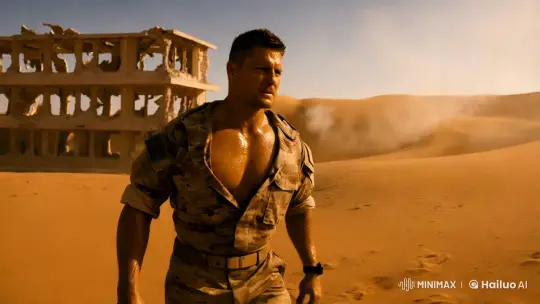 Heroic Figure Strides Through Desert Amidst Ruins – AI Generated Video | Hailuo AI