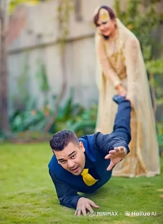 Traditional Outfit Woman Playfully Pulls Man in Suit – AI Generated Video | Hailuo AI