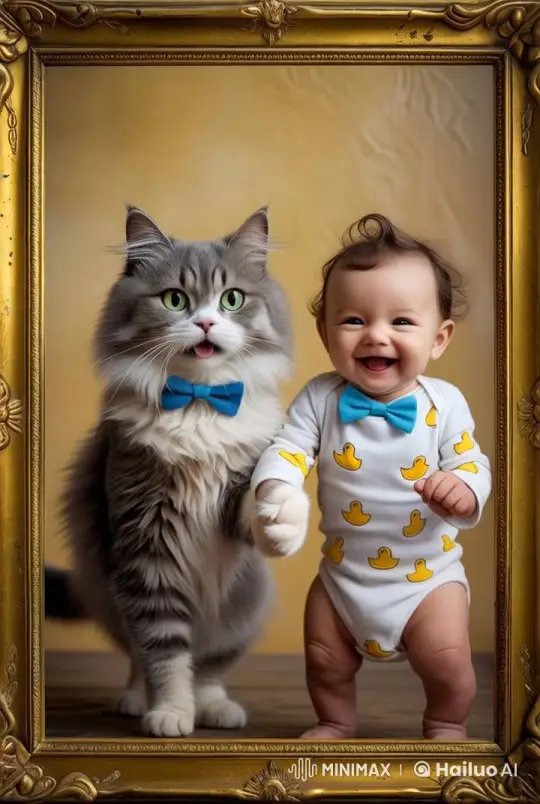Cat and Baby Dash Playfully Out of Frame – AI Generated Video | Hailuo AI