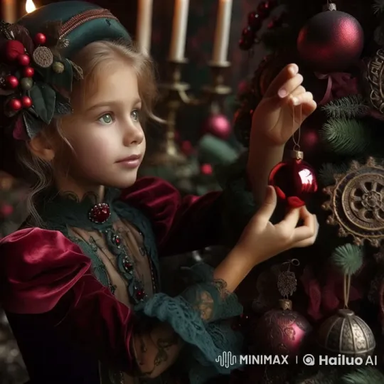 Young Girl Adorns Festive New Year's Tree with Joy – AI Generated Video | Hailuo AI