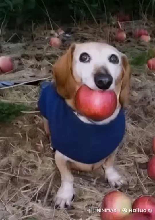 Dog with Apple in Orchard Setting – AI Generated Video | Hailuo AI