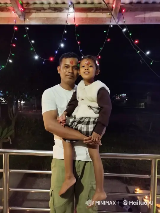 Festive Celebration: Man and Child with Children Under Lights – AI Generated Video | Hailuo AI