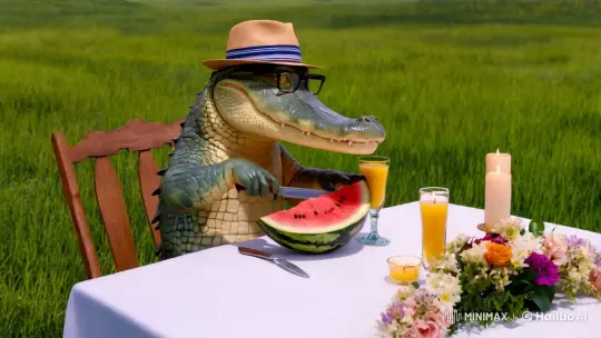 Crocodile Gourmet Enjoying Elegant Picnic with Jazz – AI Generated Video | Hailuo AI
