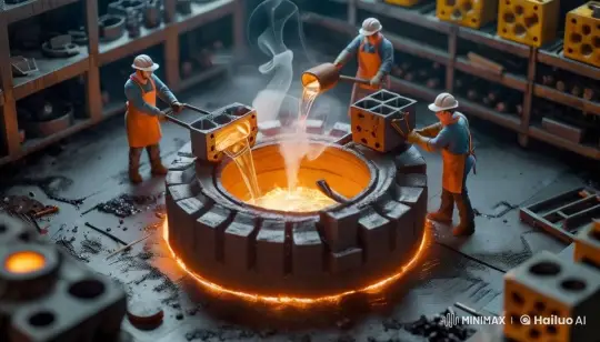 Workers Pour Molten Metal in a Bustling Foundry – AI Generated Video | Hailuo AI