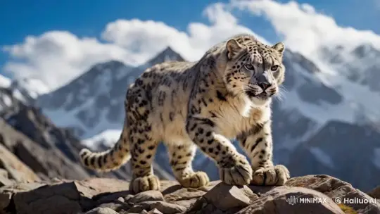 Snow Leopard Gracefully Navigates Mountainous Terrain – AI Generated Video | Hailuo AI