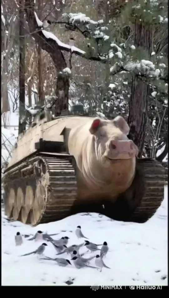 Pig-Tank Hybrid Vigilantly Guards Snowy Forest – AI Generated Video | Hailuo AI