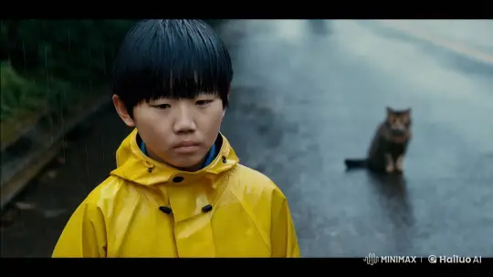Contemplative Boy Meets Vulnerable Cat in Rainy Streetscape – AI Generated Video | Hailuo AI