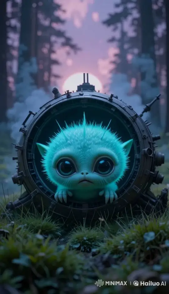 Alien Emerges Cautiously in Twilight Forest Setting – AI Generated Video | Hailuo AI