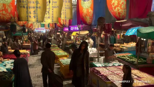Cinematic Frame Captures Society's Materialism in Bustling Market – AI Generated Video | Hailuo AI