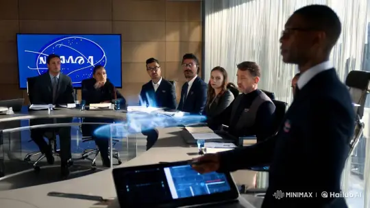 NASA Scientists Discuss Advanced Spacecraft in Modern Conference Room – AI Generated Video | Hailuo AI