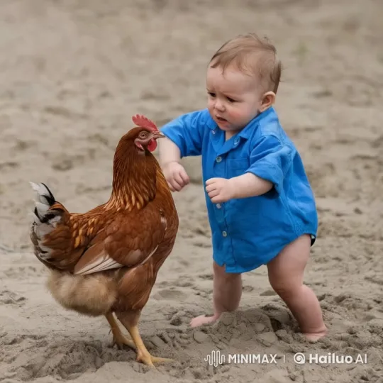 Baby and Chicken Engage in Playful Dusty Fight – AI Generated Video | Hailuo AI