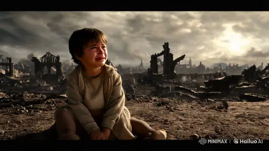 Child Embraced by Christ Amidst Ruined City Sky – AI Generated Video | Hailuo AI