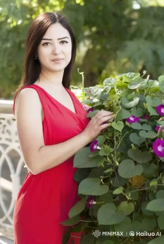 Woman in Red Dress Touches Flowers in Serene Garden – AI Generated Video | Hailuo AI