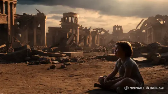 Child Lifted by Christ Amidst Ruins at Dusk – AI Generated Video | Hailuo AI