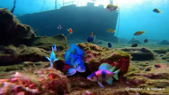 Vibrant Betta Fish Amidst Diverse Underwater Life and Shipwreck – AI Generated Video | Hailuo AI