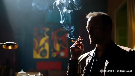 Contemplative Man in Artistic Smoke-Filled Room – AI Generated Video | Hailuo AI