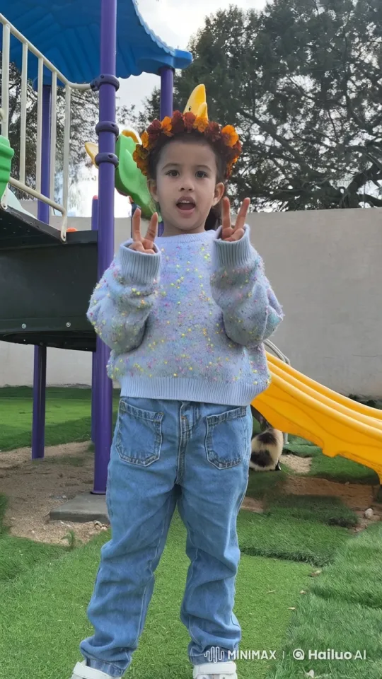 Child in Playground with Peace Sign and Flower Crown – AI Generated Video | Hailuo AI