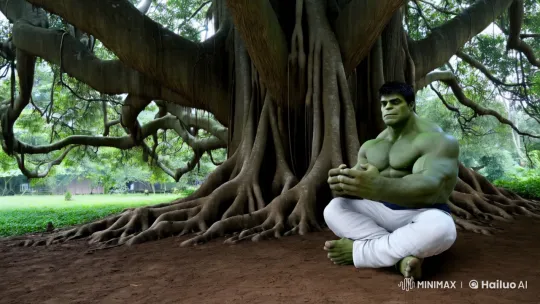 Hulk Meditates Under Banyan Tree in Peaceful Scene – AI Generated Video | Hailuo AI