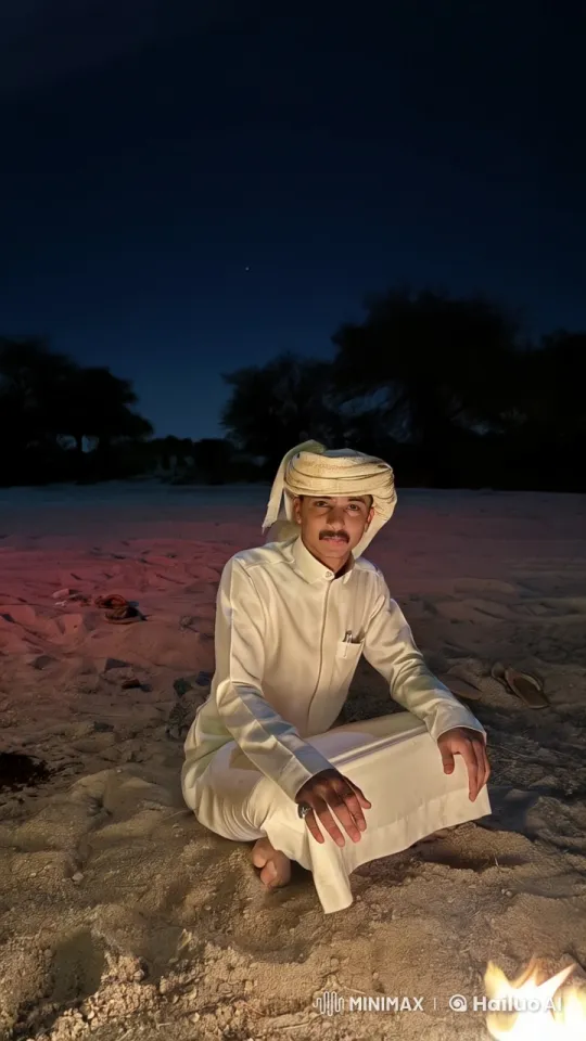Traditional Attired Person Smokes by Campfire in Desert Night – AI Generated Video | Hailuo AI