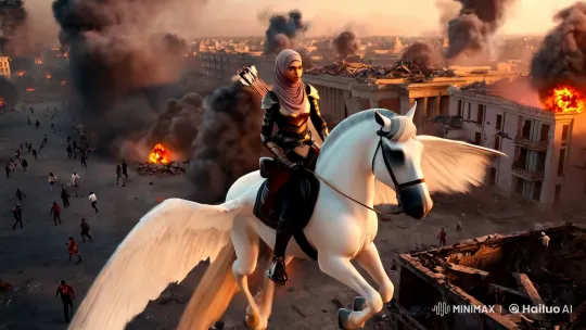 White Flying Horse and Armored Rider Amidst City's Destruction – AI Generated Video | Hailuo AI
