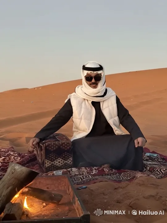 Traditional Man Smokes Pipe in Desert by Campfire – AI Generated Video | Hailuo AI